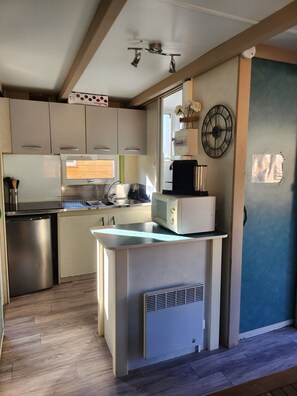 Réfrigérateur, four à micro-ondes, surface de cuisson, cafetière-théière