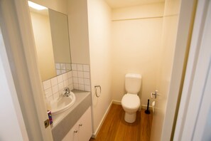 Separate bathtub and shower, free toiletries, hair dryer