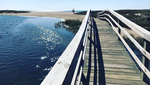 A wooden boardwalk extending over a body of water with a sandy beach in the background. - Spacious, private cottage just a few minutes walk to Ridgevale Beach! (Chatham)
