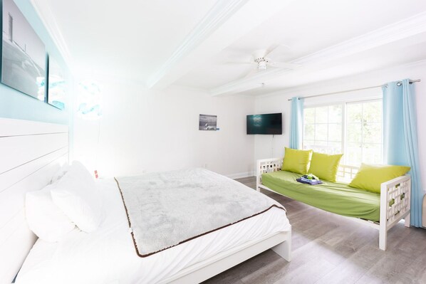 1 bedroom, desk, iron/ironing board, travel cot