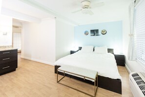 1 bedroom, desk, iron/ironing board, travel cot