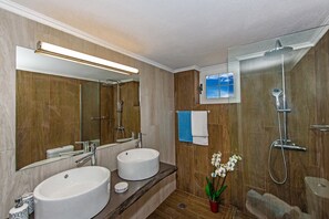 Douche, séchoir à cheveux, serviettes fournies, shampooing