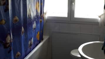 Bathtub, hair dryer, towels, soap