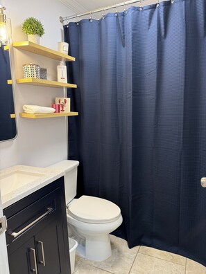 Ein Badezimmer mit einer weißen Toilette, einem Waschbecken mit geflecktem Tablett und Regalen mit Pflegeprodukten und einer Topfpflanze.