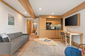 Un salon moderne comprenant un canapé, une table basse, un téléviseur et un coin cuisine avec des meubles en bois et un téléviseur à écran plat.