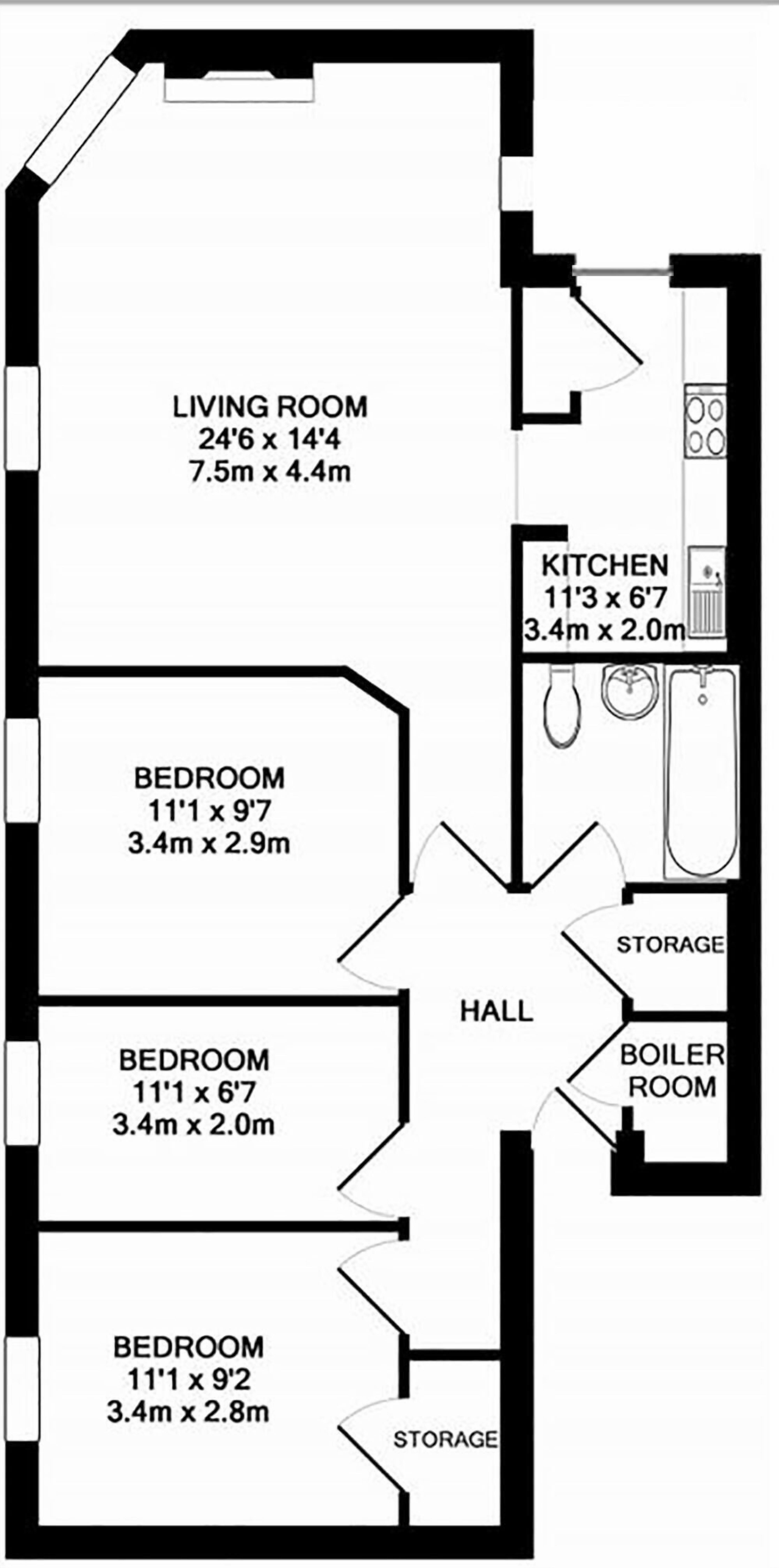 A floor plan with a living room, three bedrooms, a kitchen, a hall, a storage area, and a boiler room.