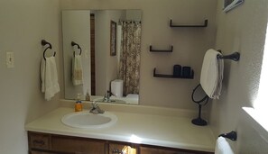 Combined shower/bathtub, hair dryer, towels, toilet paper