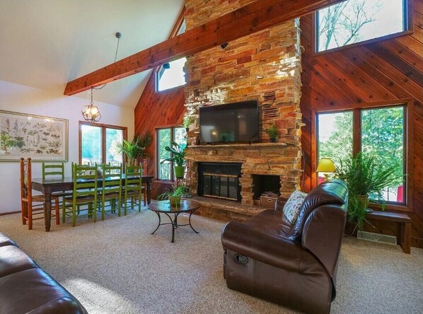 Smart TV, fireplace, books