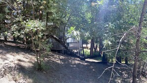 A forested area with a wooden deck and a dirt path leading to a building. - Somethings old, somethings new, clean and cozy just for you. (ArrowBear)
