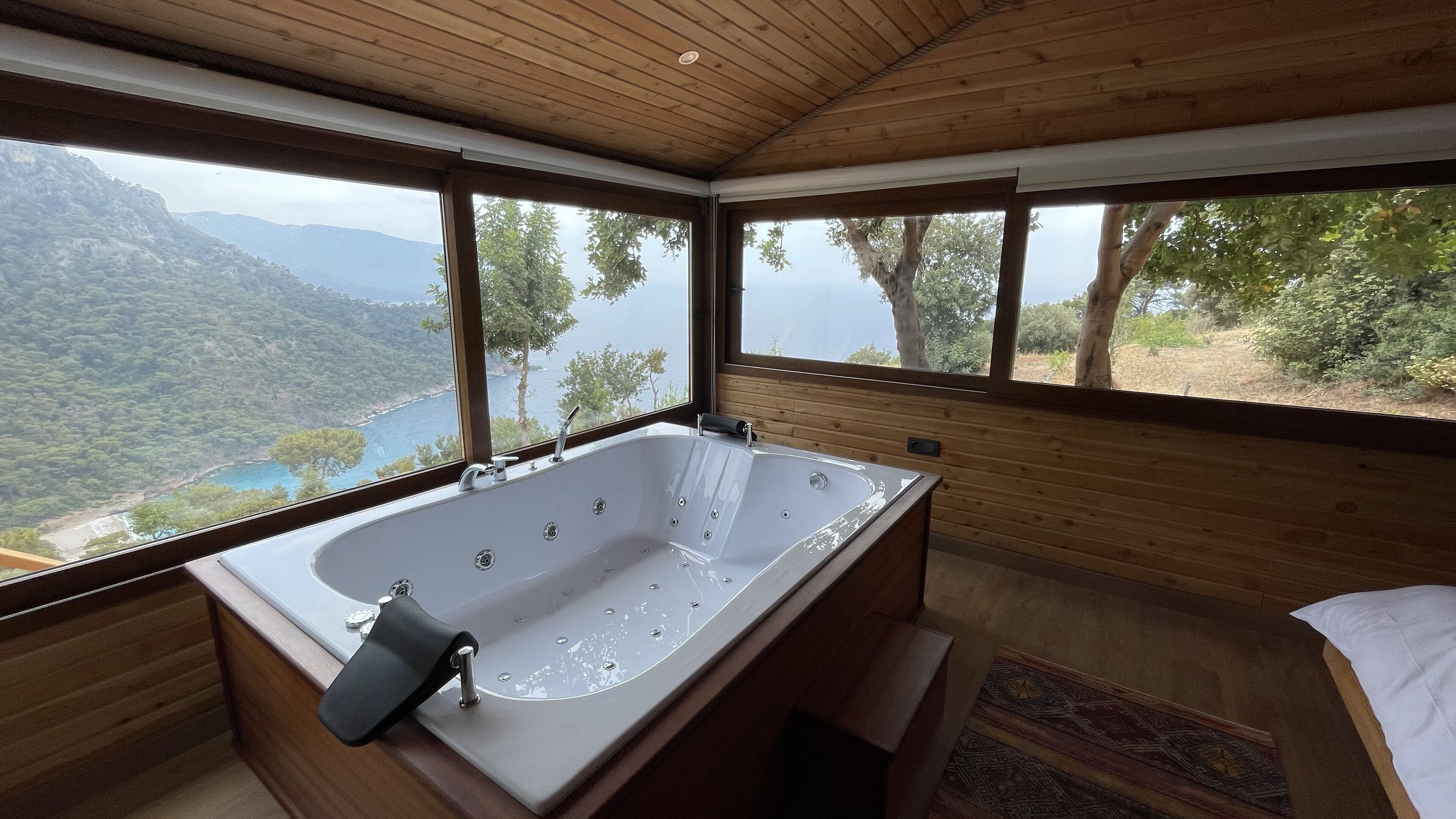 A bathroom with a large bathtub, wooden walls, and a view of a mountainous landscape.