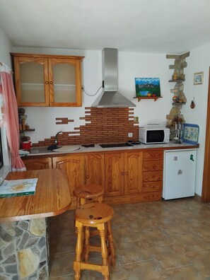 Fridge, microwave, stovetop, coffee/tea maker