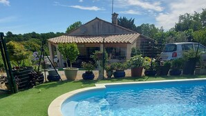 Une piscine entourée de gazon synthétique, avec une maison et une antenne parabolique en arrière-plan.