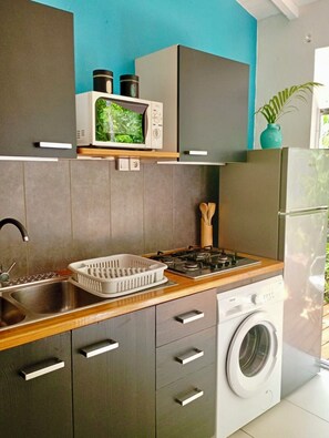 Fridge, microwave, stovetop, coffee/tea maker