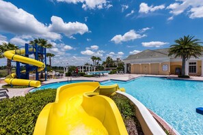 Outdoor pool, a heated pool, pool loungers