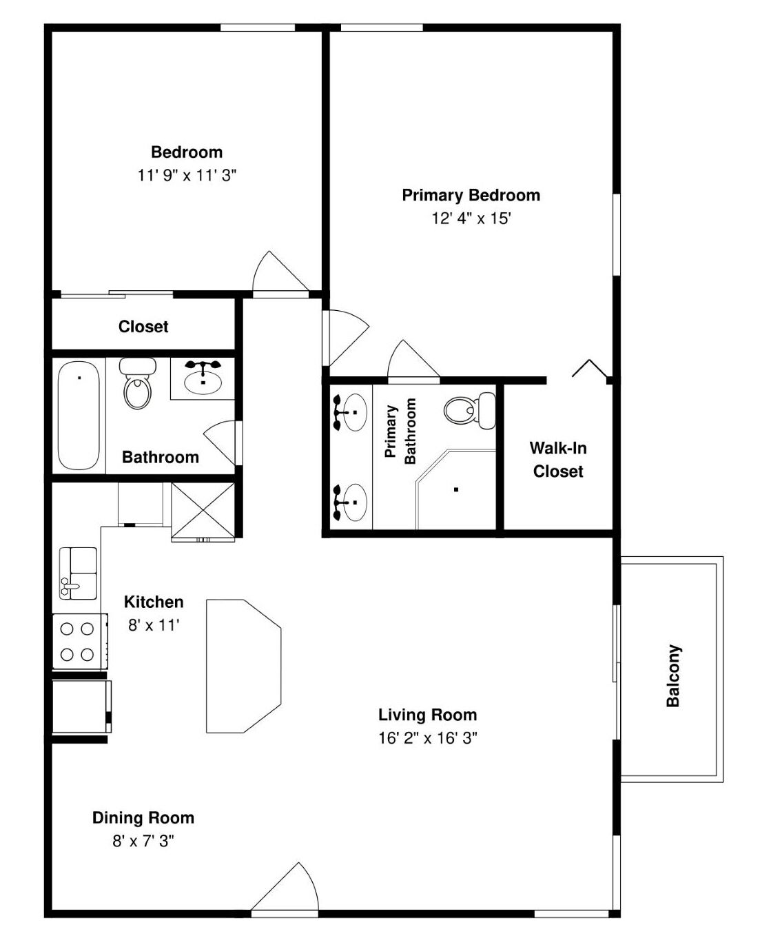 Plano de planta que muestra un dormitorio (3,58 x 3,43 metros), dormitorio principal (3,75 x 4,57 metros), armario, baño, cocina (2,44 x 3,35 metros), sala de estar (4,90 x 4,93 metros), comedor (2,44 x 2,21 metros) y un balcón.