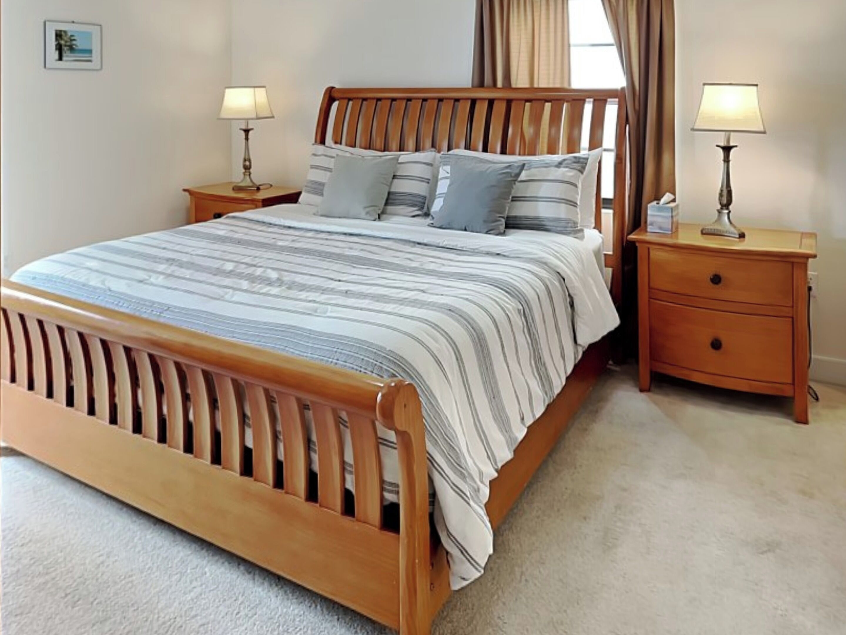 Een houten bed met een gestreept dekbedovertrek, twee nachtkastjes met lampen en een klein dressoir.