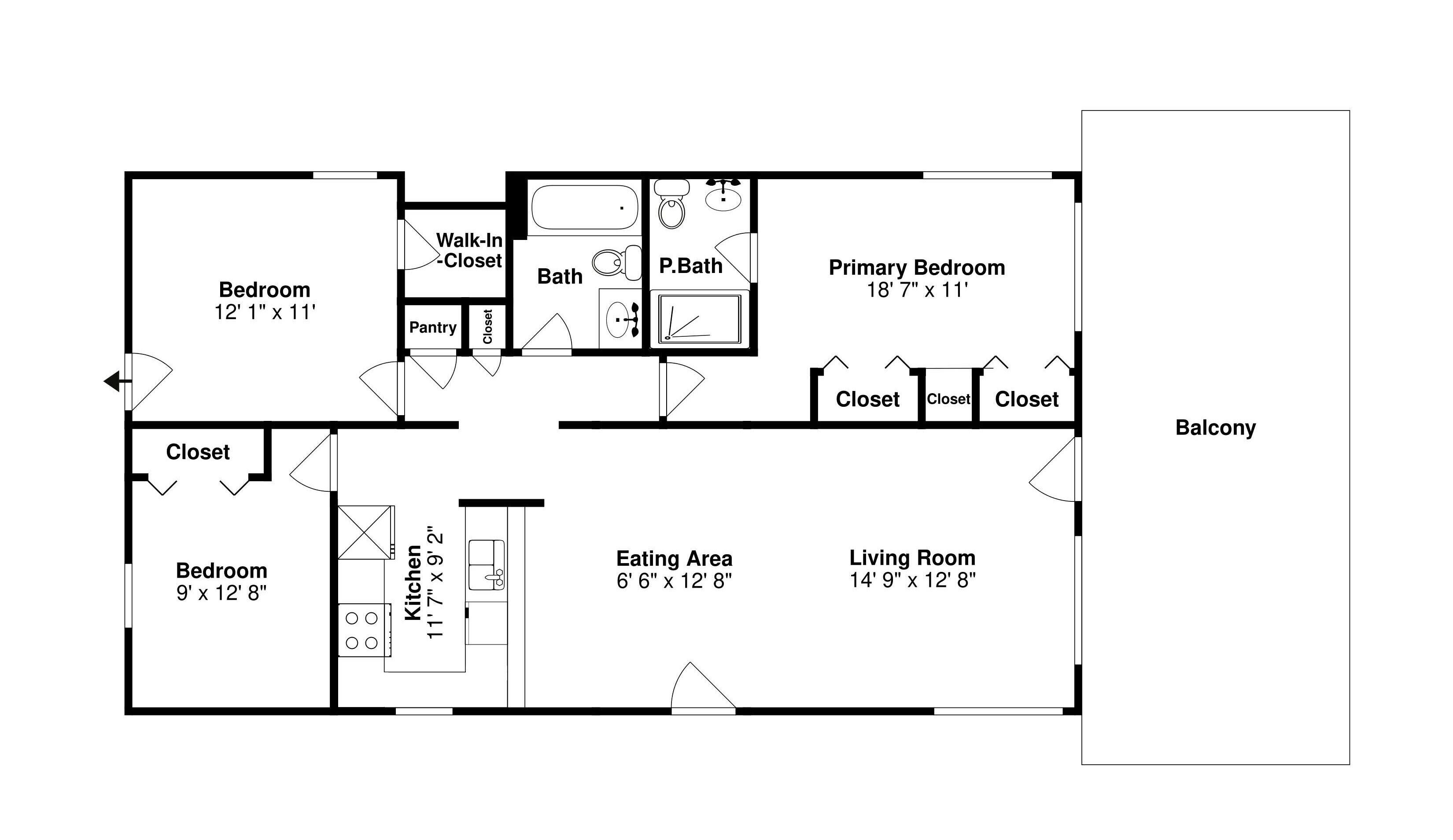 A floor plan with a bedroom (12' 1" x 11'), a bathroom, a primary bedroom (18' 7" x 11'), an eating area (6' 6" x 12' 8"), a living room (14' 9" x 12' 8"), a kitchen (11' 7" x 9' 2"), and a balcony.