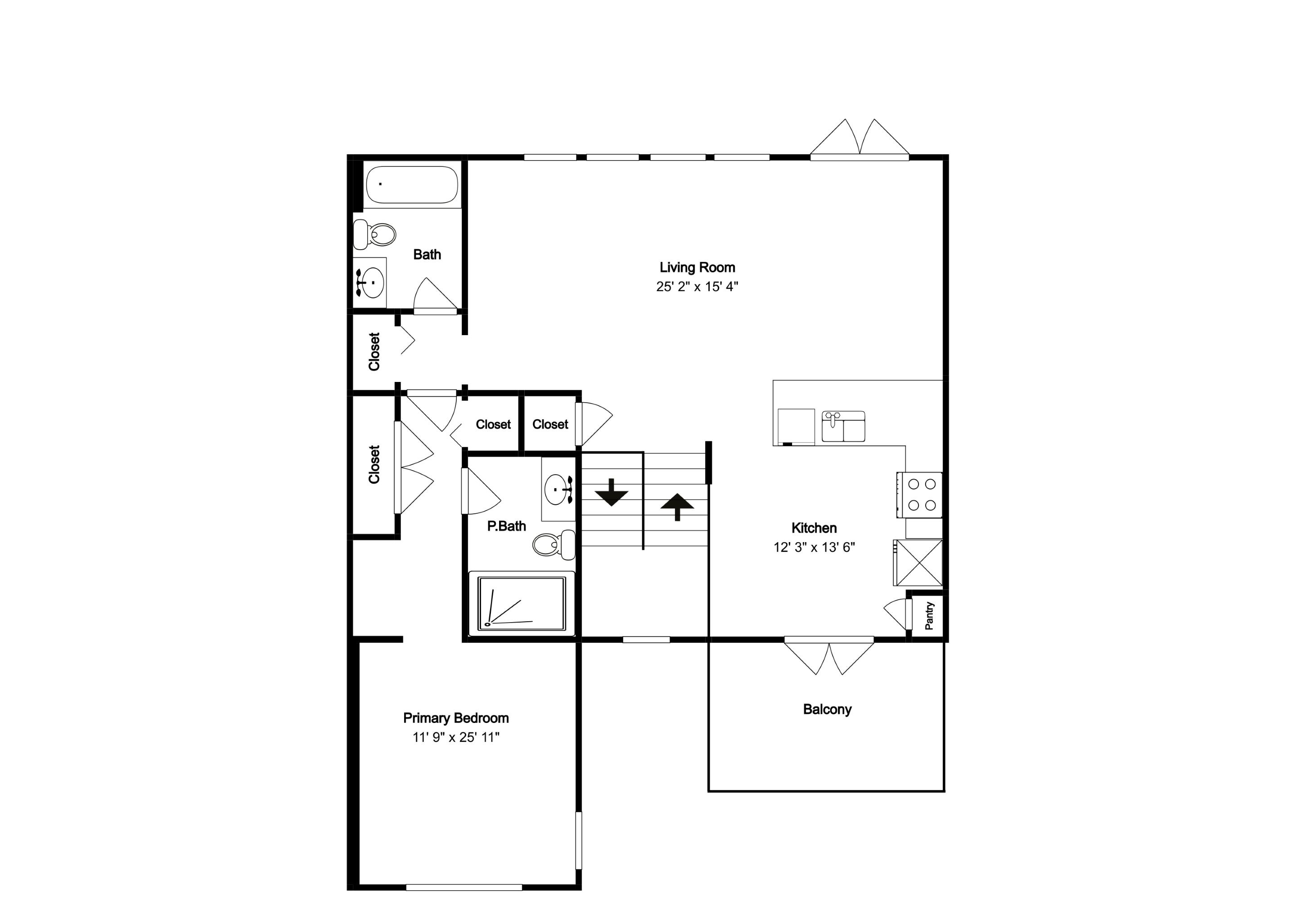 Ein Grundriss mit Wohnzimmer, Küche, Hauptschlafzimmer und einem Balkon.