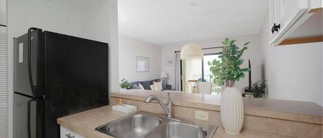 A kitchen with a black refrigerator, double sink, and a vase with green plants.