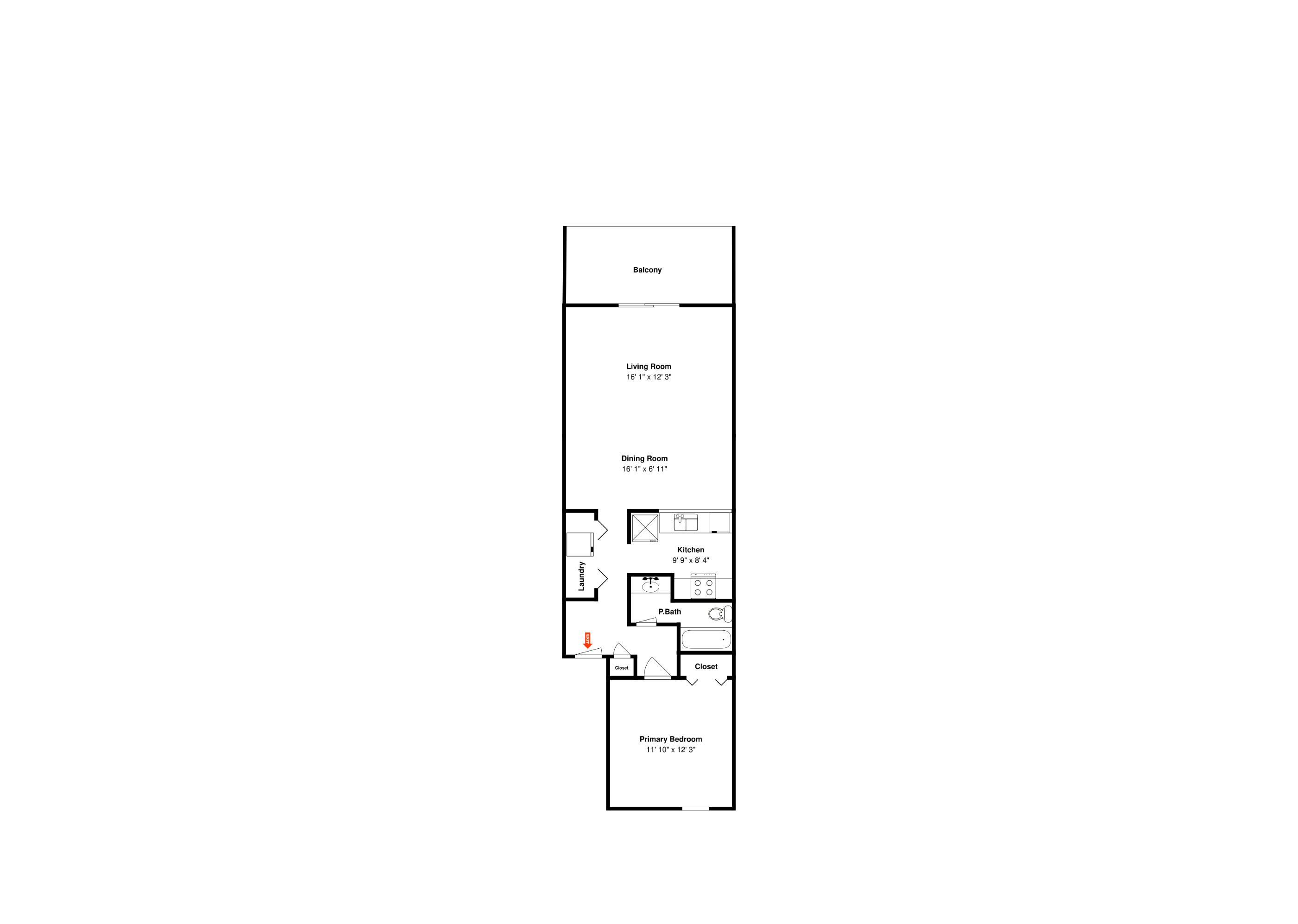 Plano de planta de un apartamento de dos habitaciones con sala de estar, comedor, cocina, lavandería y un dormitorio principal.