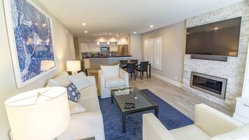 Condo, Multiple Beds, Fireplace, Golf View | Living room | 40-inch TV with cable channels, fireplace, MP3 dock