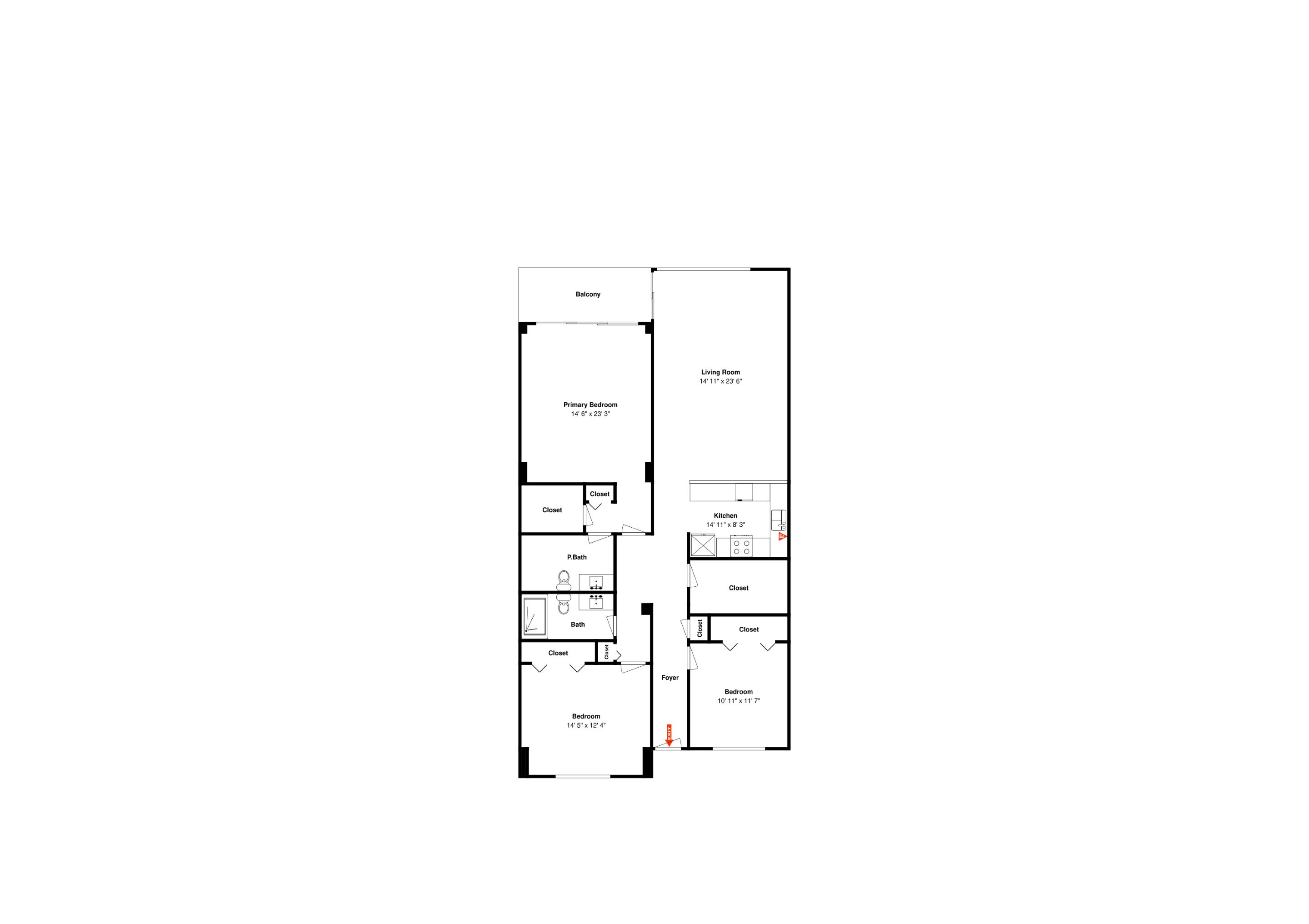 Pianta degli ambienti di una camera d'albergo con balcone, camera da letto principale, camera da letto secondaria, bagno, ingresso, soggiorno, cucina e due armadi.