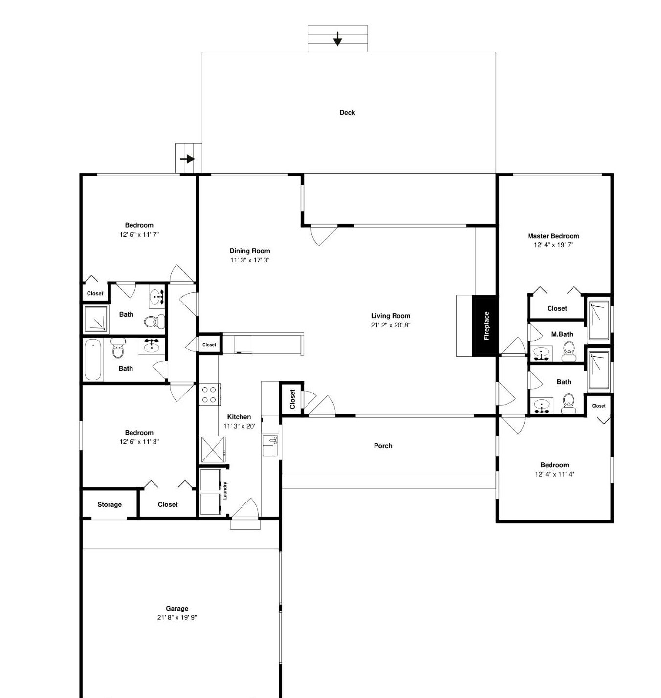 Un plan d’étage d’une maison comprenant un garage, deux chambres principales, une salle à manger, un salon, une cuisine, deux salles de bain, un placard, une véranda et une cheminée.
