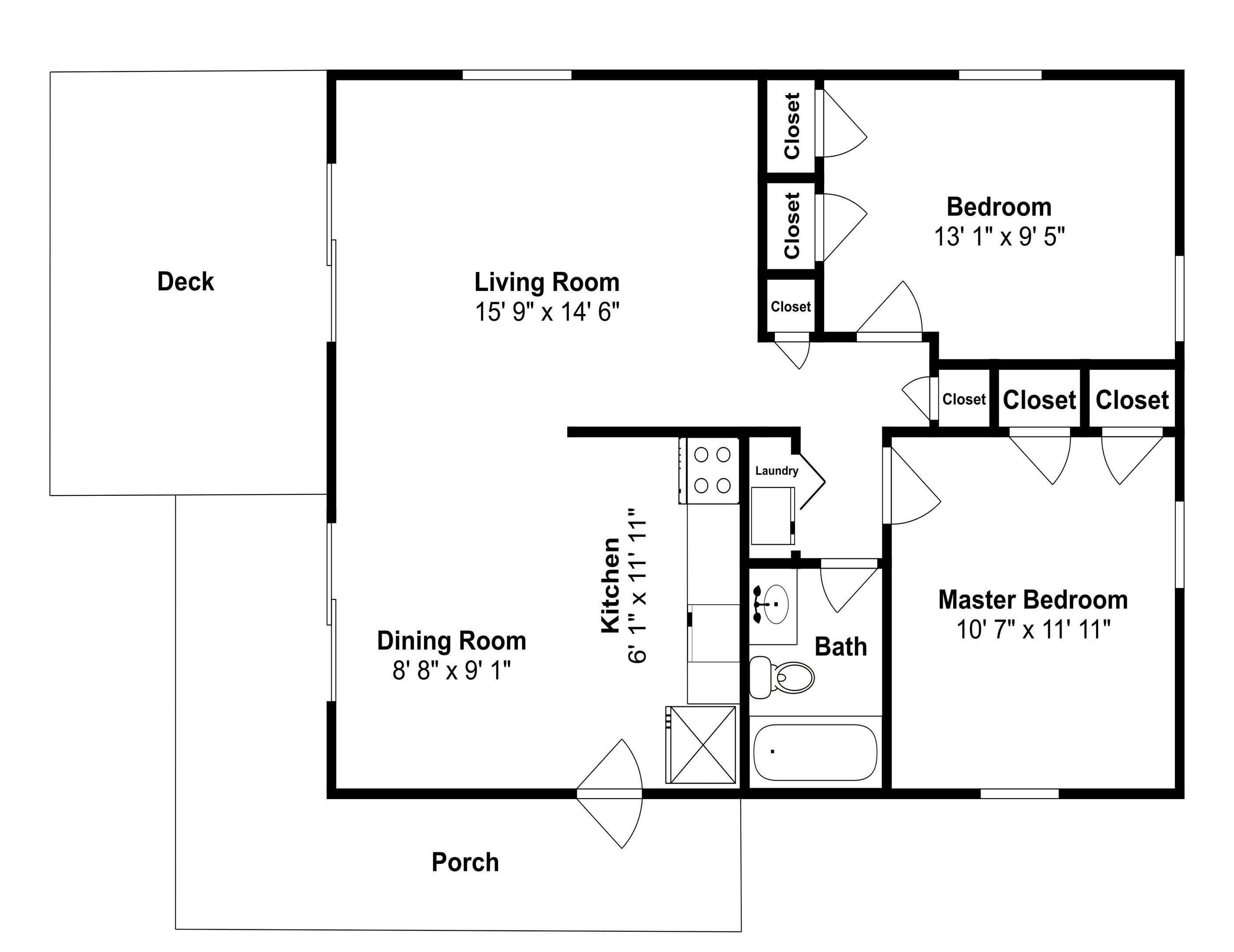 A floor plan of a house with a deck, living room, dining room, kitchen, master bedroom, and two closets.