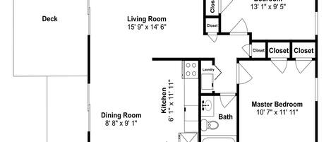 A floor plan of a house with a deck, living room, dining room, kitchen, master bedroom, and two closets.