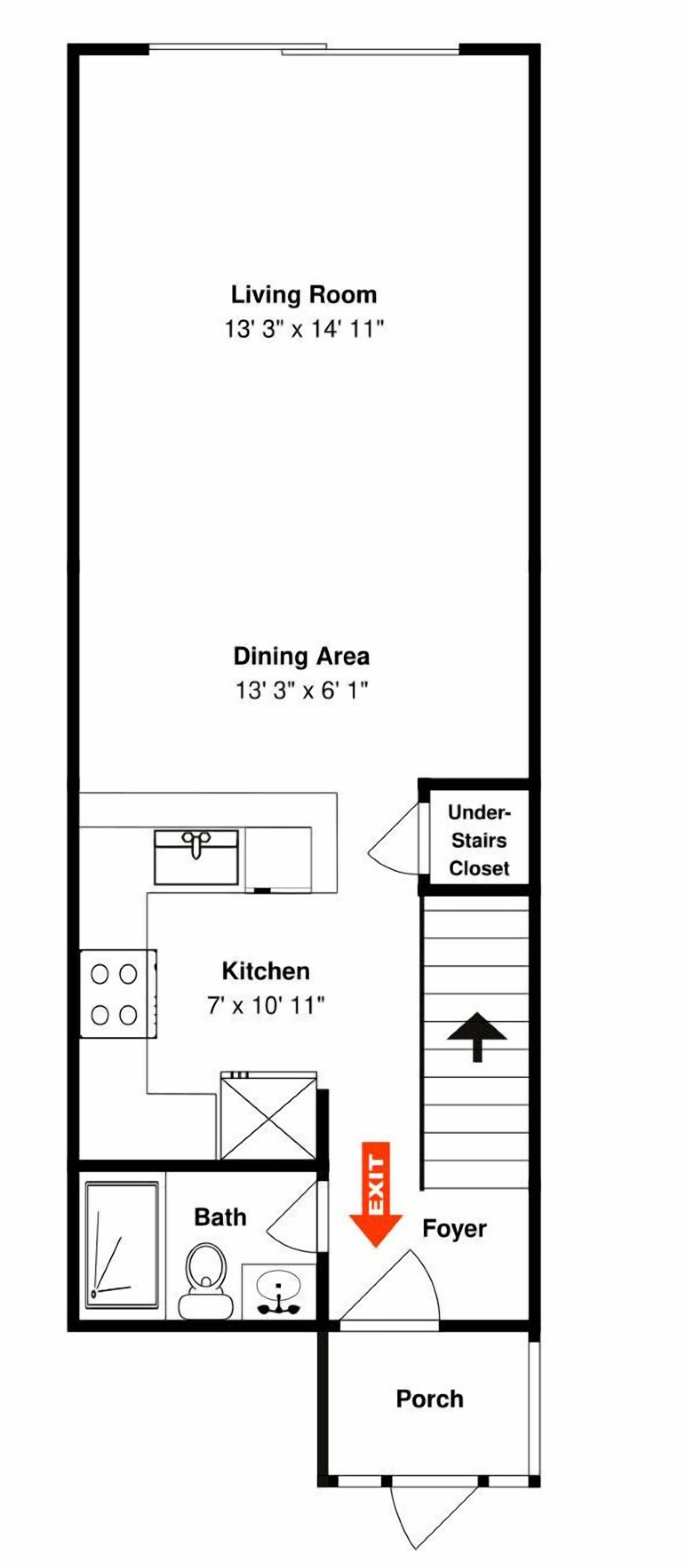 A floor plan of a hotel room with a living room, dining area, kitchen, bathroom, foyer, and under-stairs closet.