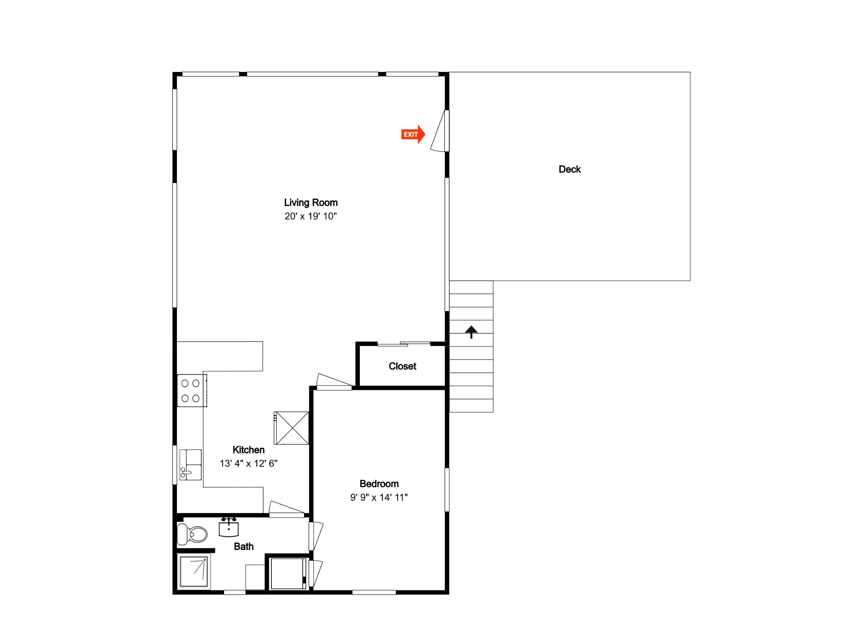 A floor plan with a living room, kitchen, bathroom, and bedroom.