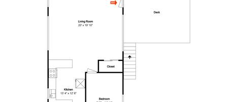 A floor plan with a living room, kitchen, bathroom, and bedroom.