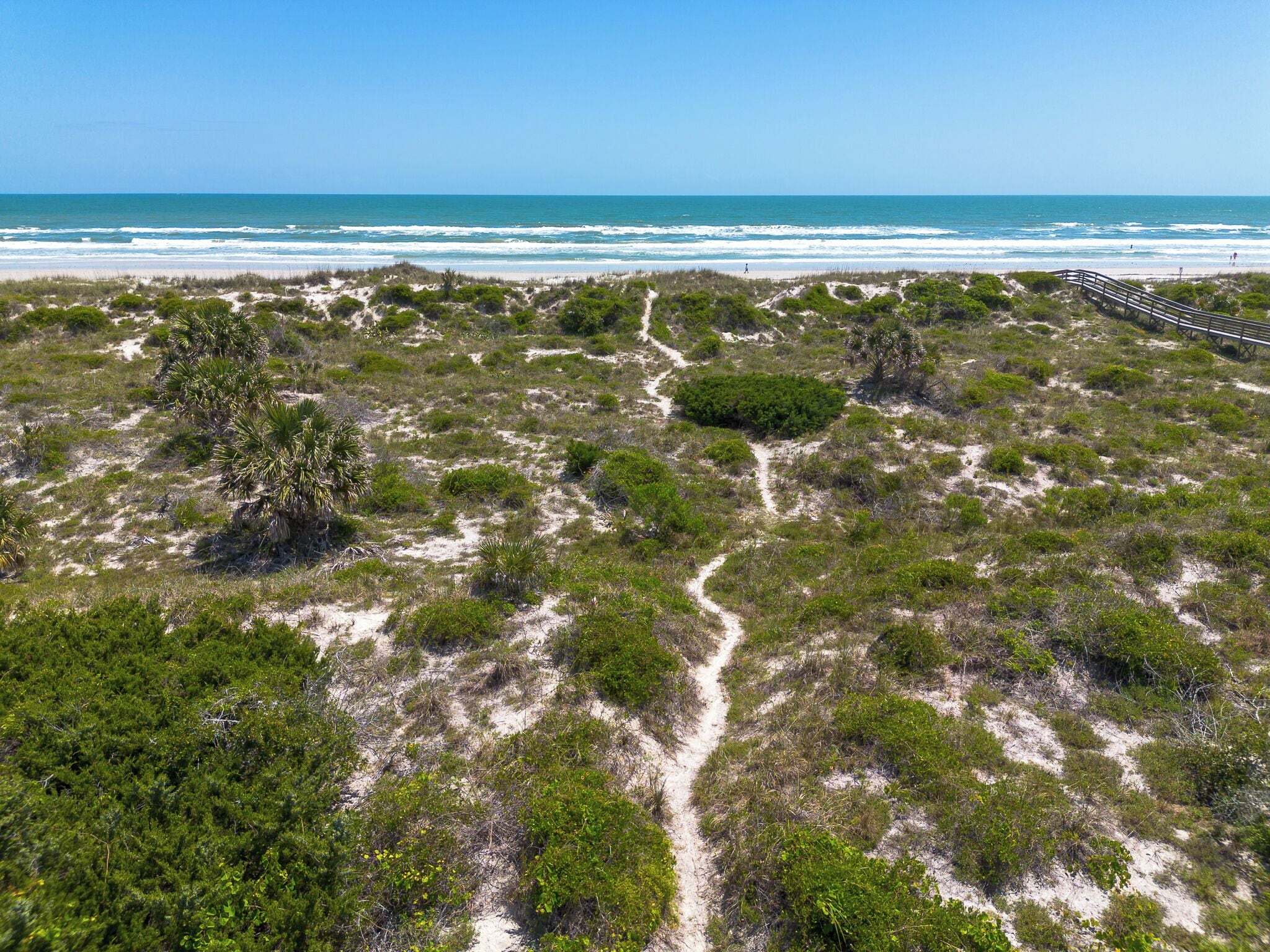 A coastal landscape with a sandy beach, dense vegetation, and a wooden boardwalk leading to the water.
