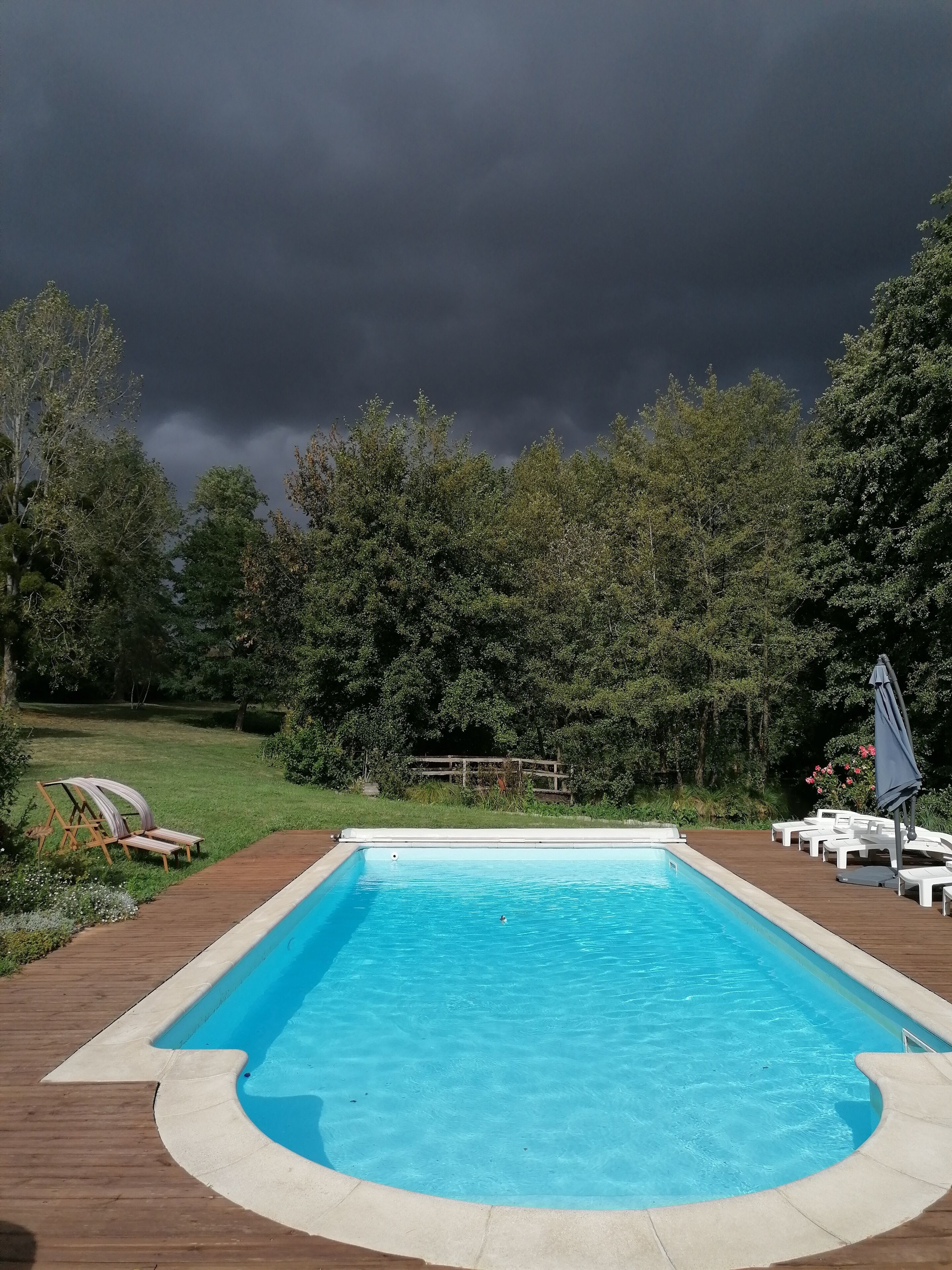 A rectangular swimming pool with a wooden deck surrounding it, set against a backdrop of dense trees and a cloudy sky.