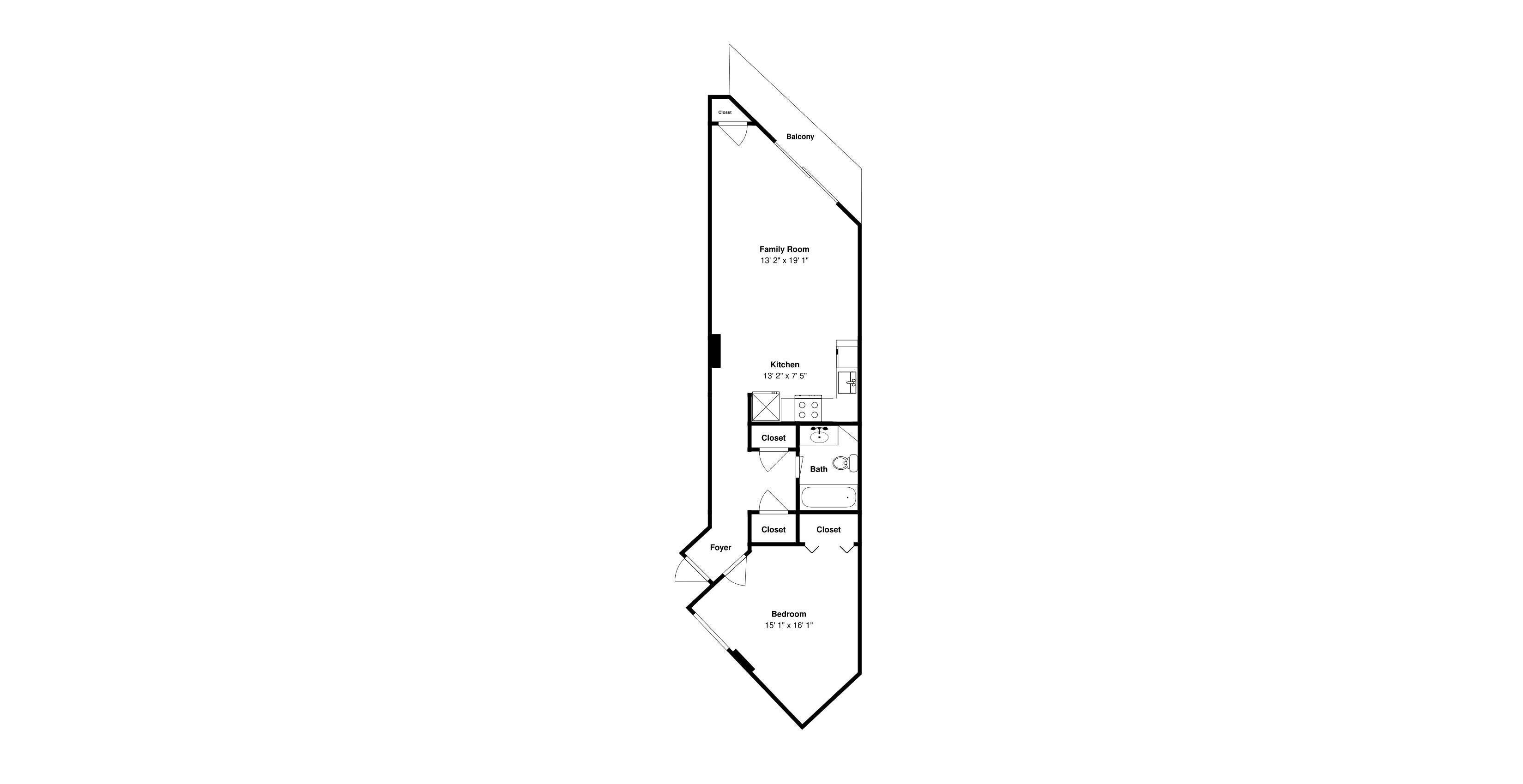 Ein Grundriss eines Hauses mit Familienzimmer, Küche, Bad, Diele, Abstellraum und Schlafzimmer.