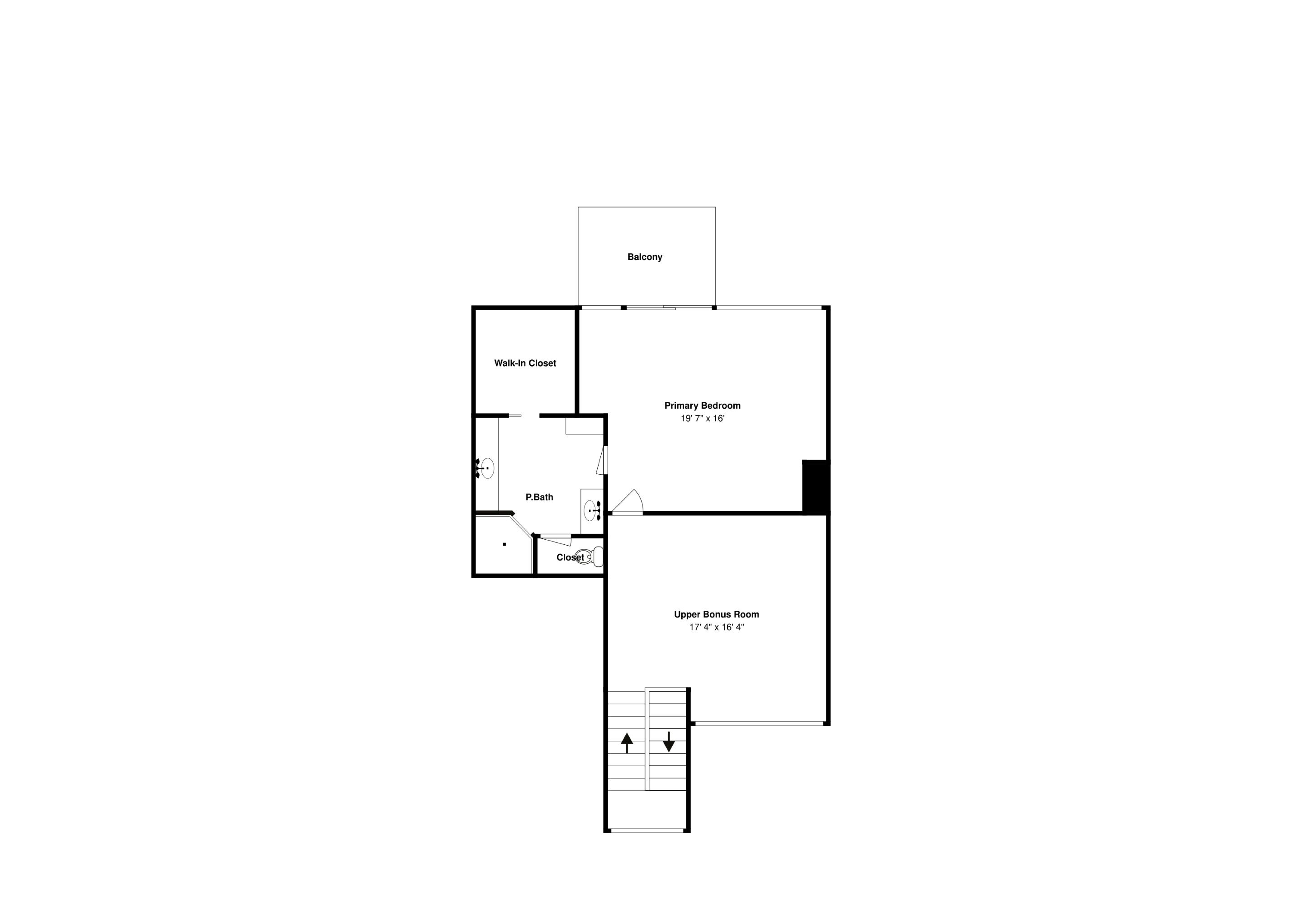 A floor plan with a walk-in closet, primary bedroom, upper bonus room, and a balcony.