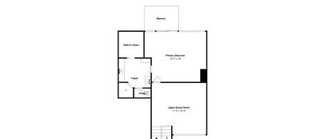 A floor plan with a walk-in closet, primary bedroom, upper bonus room, and a balcony.