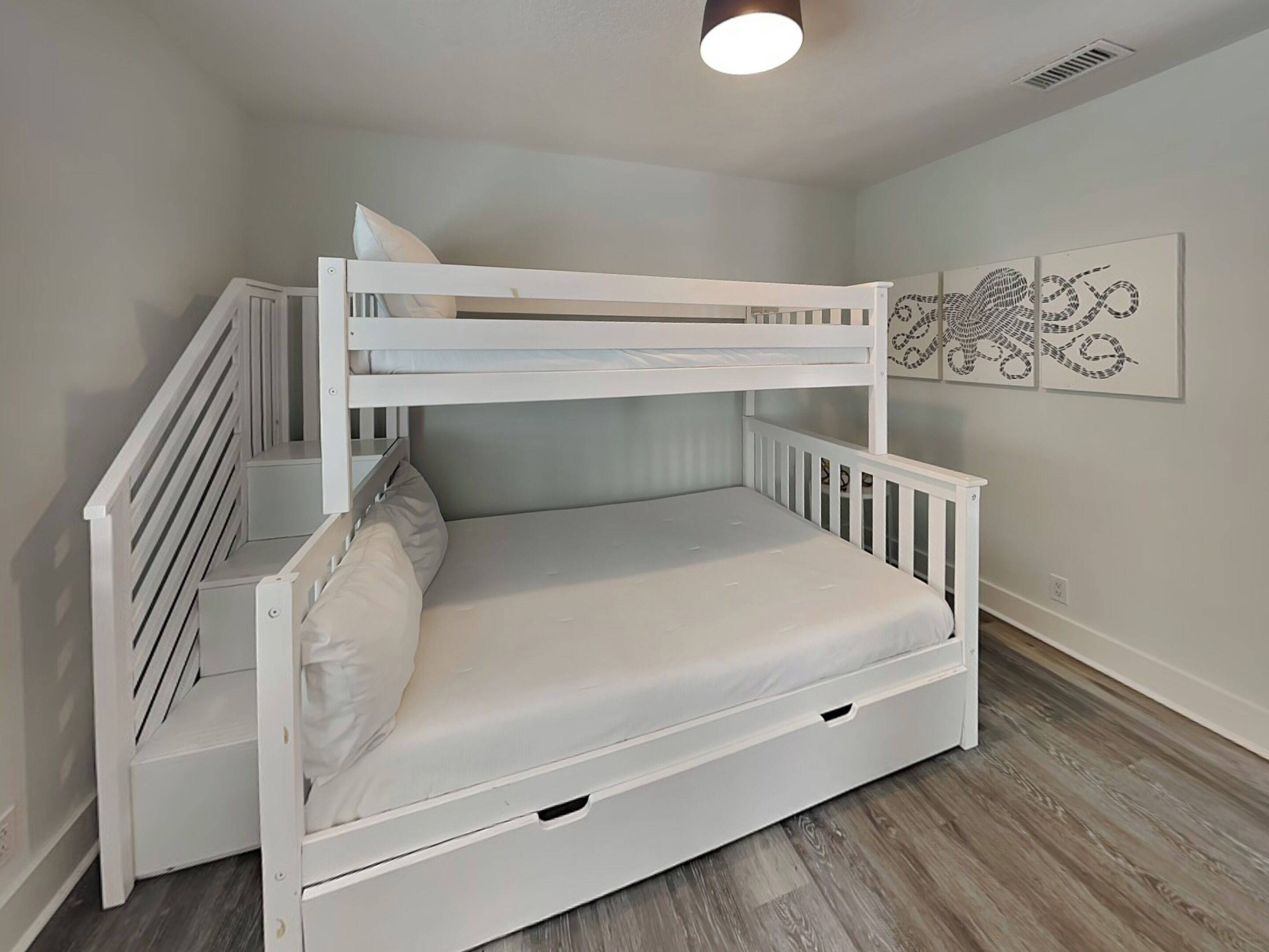 A bunk bed with a white frame, a mattress, and a pillow. There is a wall-mounted artwork above the bed.