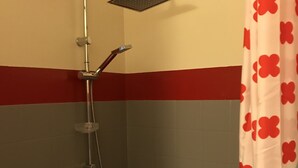 Een douche met een handdouche en een regendouche.