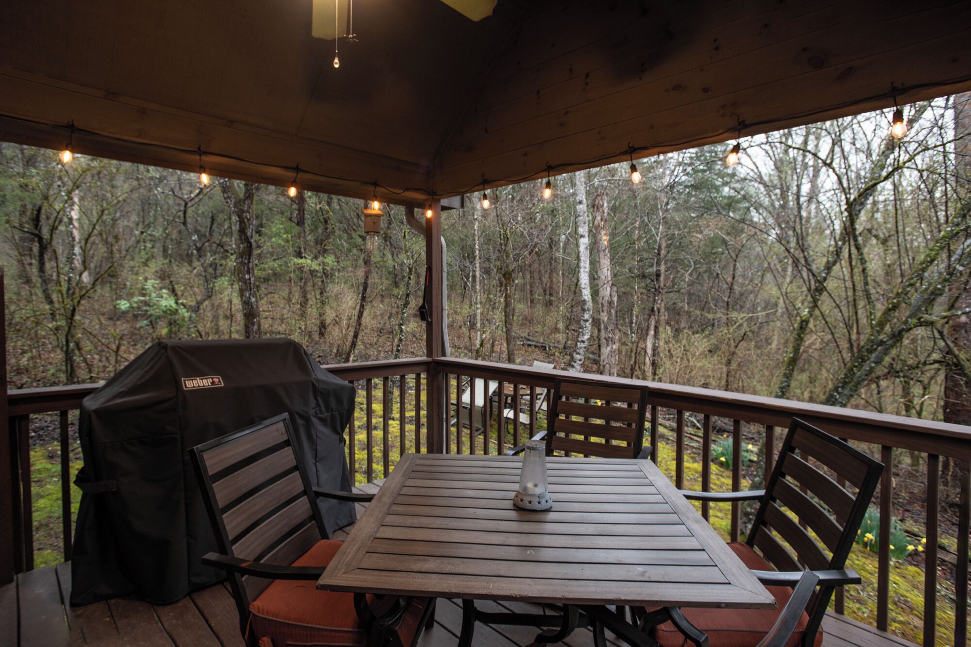 Une terrasse extérieure avec une table et des chaises en bois, un barbecue et des guirlandes lumineuses.