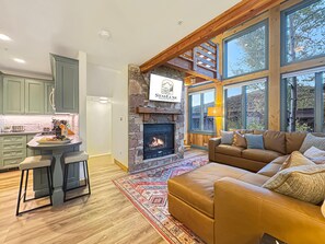 Smart TV, fireplace, books