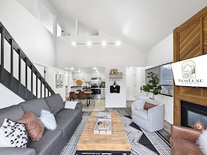 TV, fireplace, DVD player, books