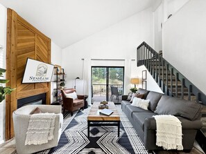 Televisión, chimenea, reproductor de DVD y libros 