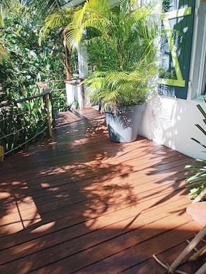 Um deck de madeira com plantas em vasos, guarda-corpo de metal e uma parede branca.