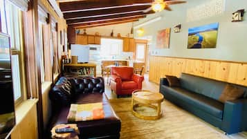 Smart TV, fireplace, DVD player, books