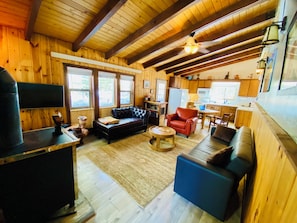 Smart TV, fireplace, DVD player, books