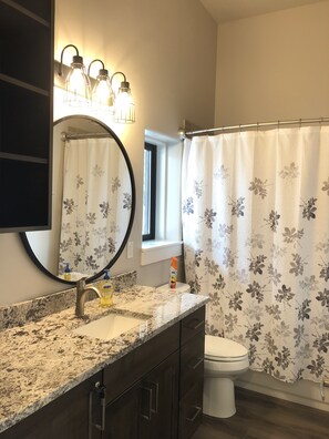 Combined shower/tub, hair dryer, towels, soap