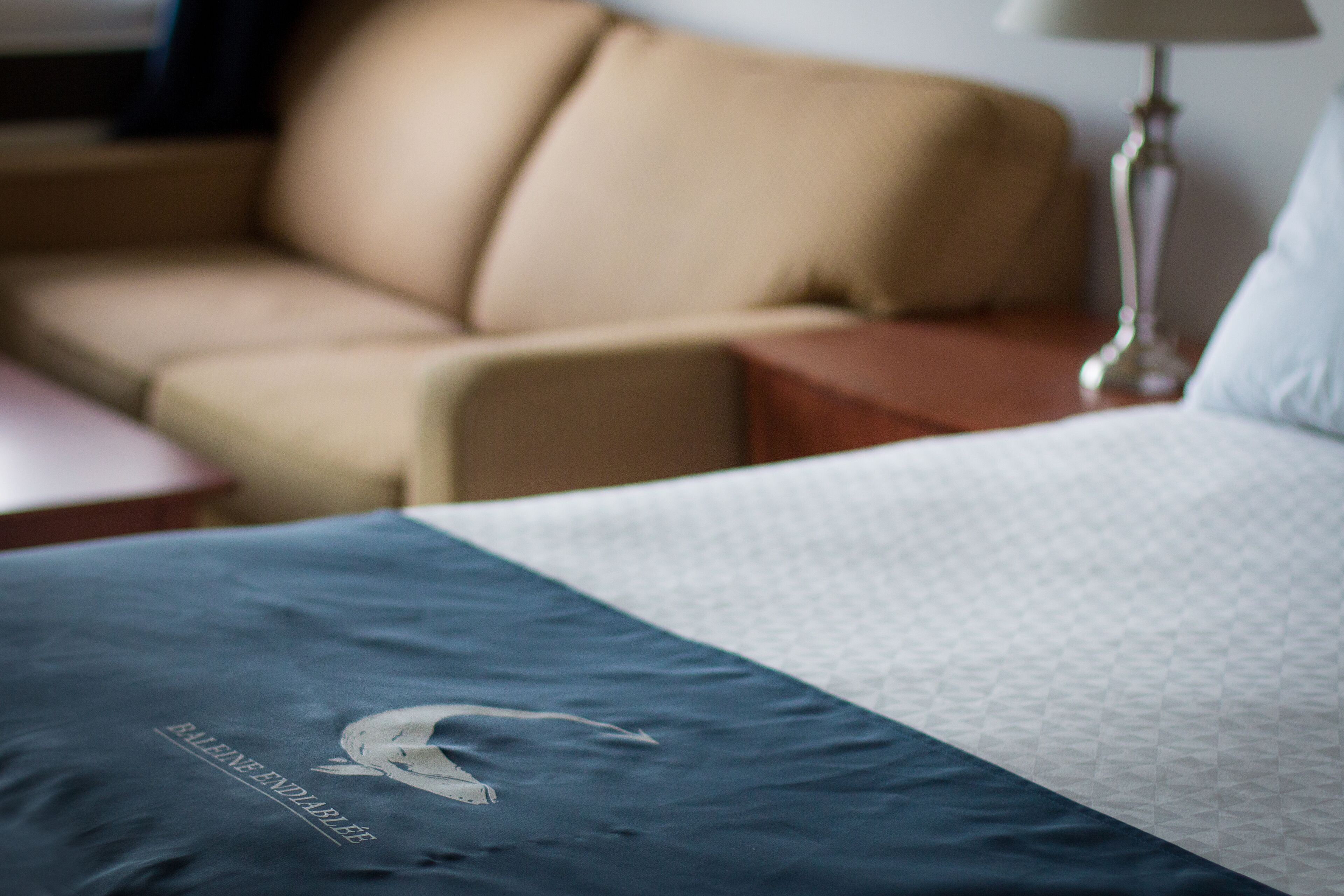A hotel room with a bed, a sofa, and a nightstand.