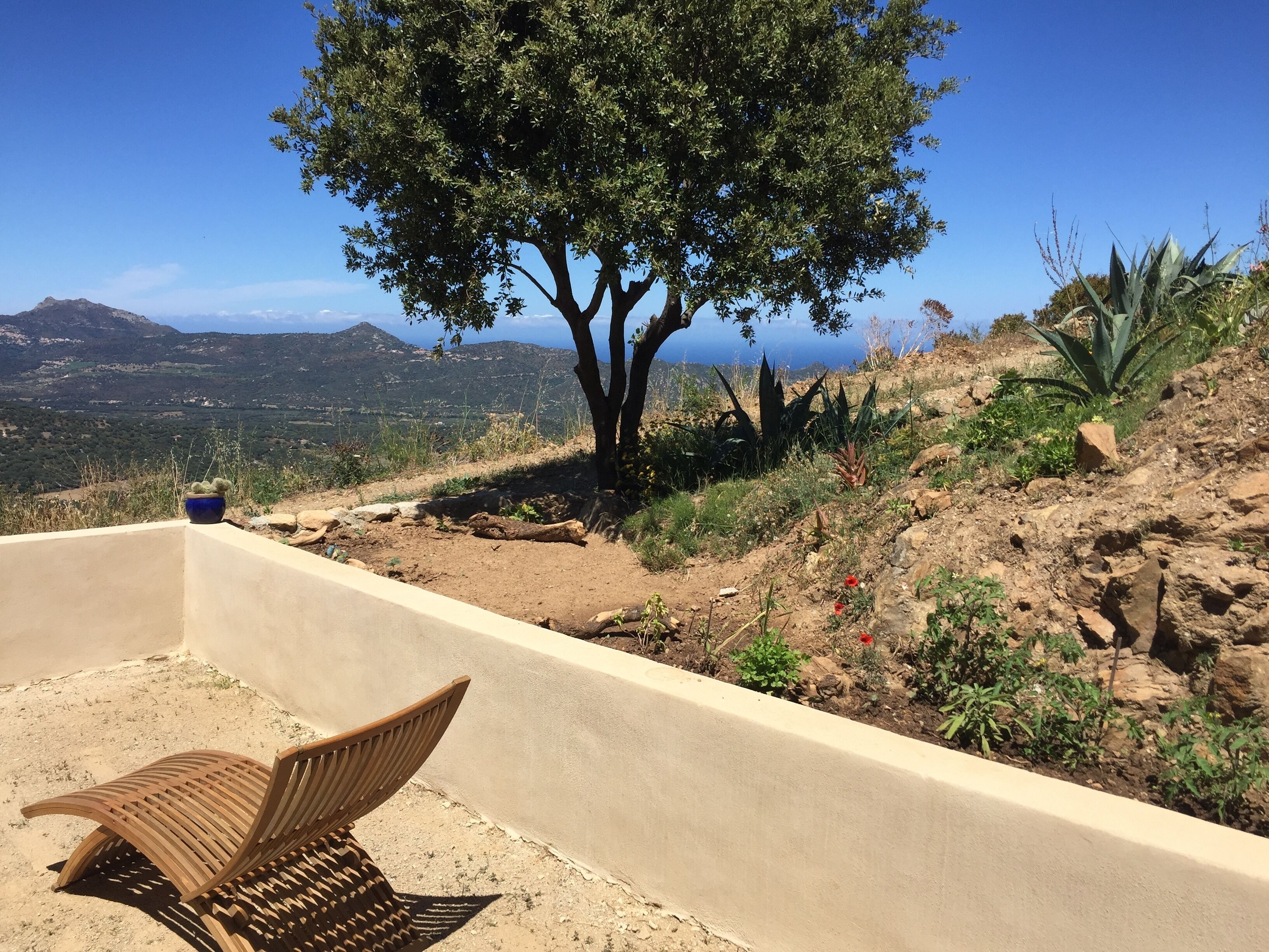 Ein Sitzbereich mit einem Holzstuhl und einer Topfpflanze, mit Blick auf eine gebirgige Landschaft mit Baum und Wüstenvegetation.