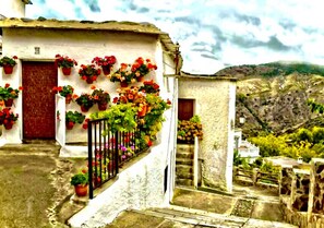 A narrow street with a white building, a red door, and potted plants on the walls. - Beautiful house in Busquistar (Busquístar)